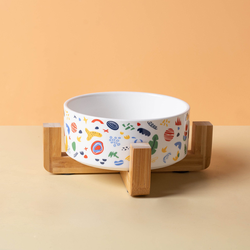 Ceramic Pet Bowl with Bamboo Base-Petboxok