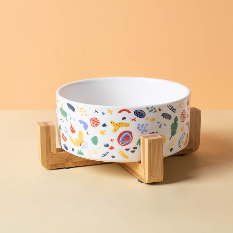 Ceramic Pet Bowl with Bamboo Base