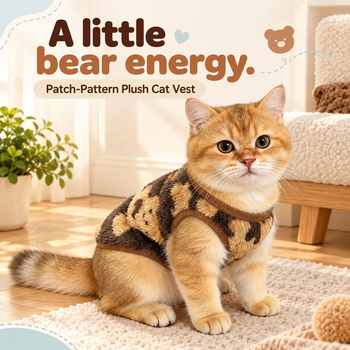 Patch-Pattern Plush Cat Vest