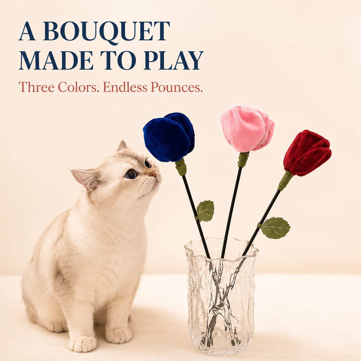 Rose Bouquet Cat Teaser Wand | Plush Crinkle Cat Toy with Flexible Stem & Built-In Sound — Red, Blue, Pink or 3-Color Set