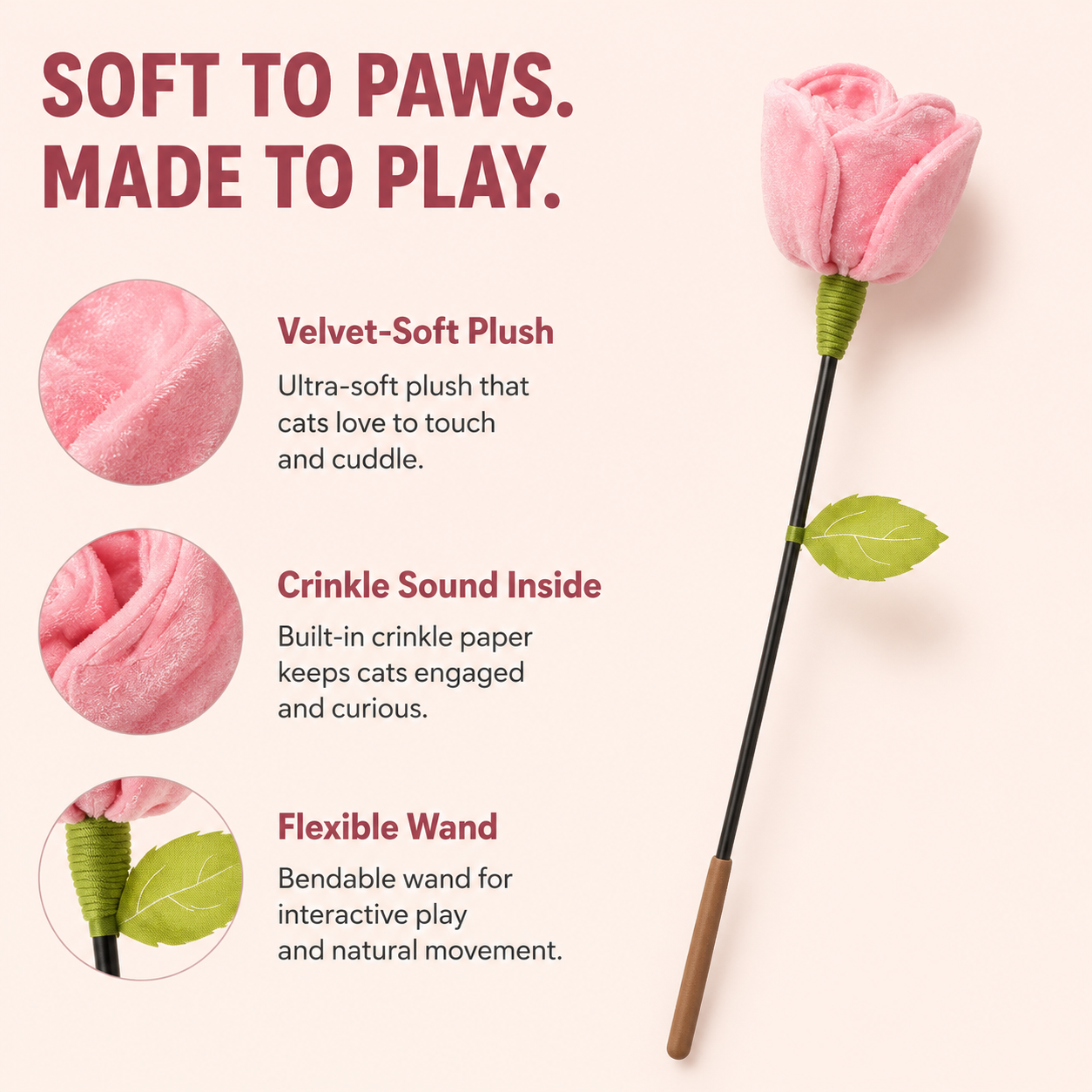 Rose Bouquet Cat Teaser Wand | Plush Crinkle Cat Toy with Flexible Stem & Built-In Sound — Red, Blue, Pink or 3-Color Set