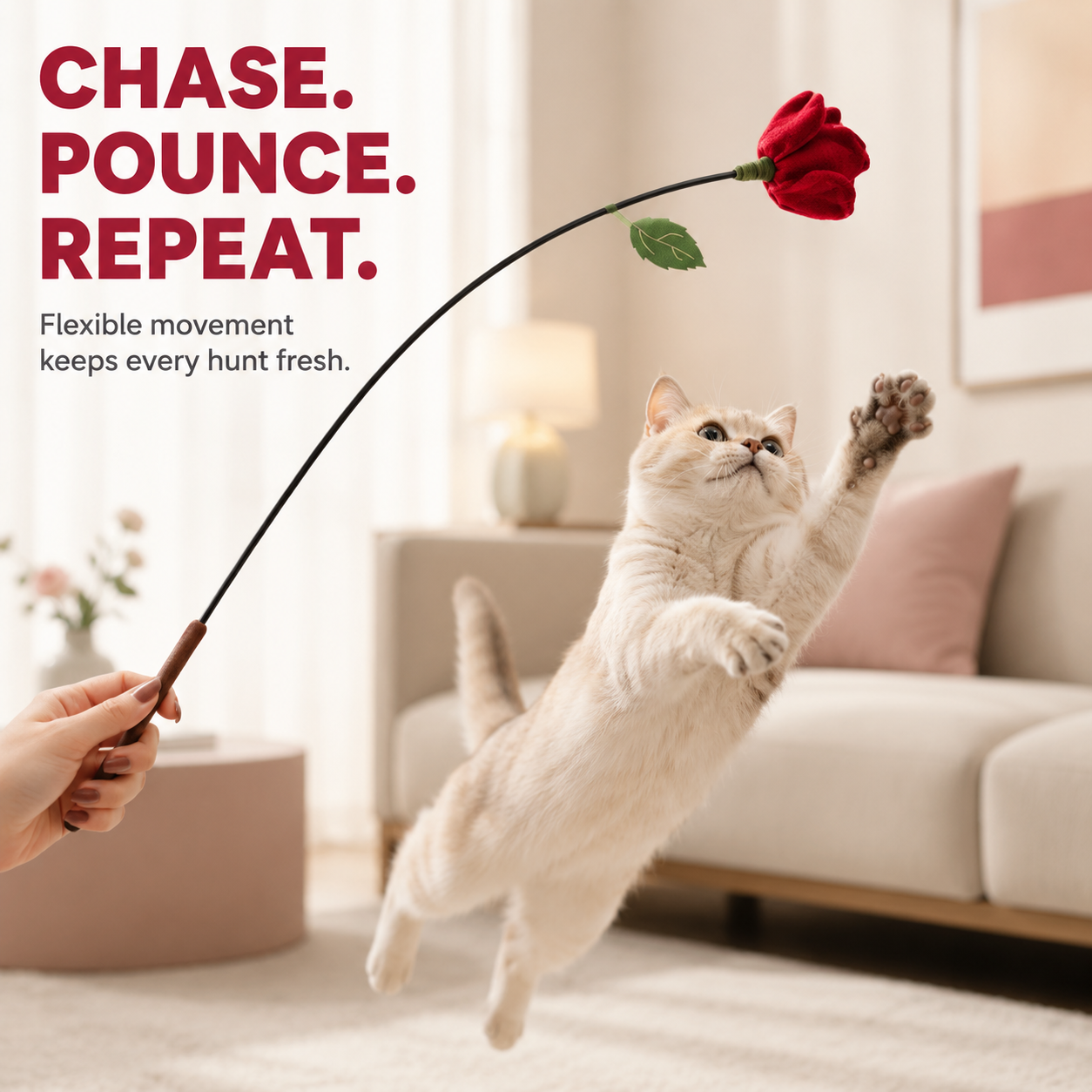 Rose Bouquet Cat Teaser Wand | Plush Crinkle Cat Toy with Flexible Stem & Built-In Sound — Red, Blue, Pink or 3-Color Set