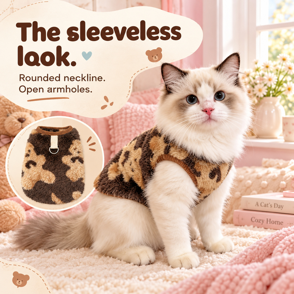 Patch-Pattern Plush Cat Vest
