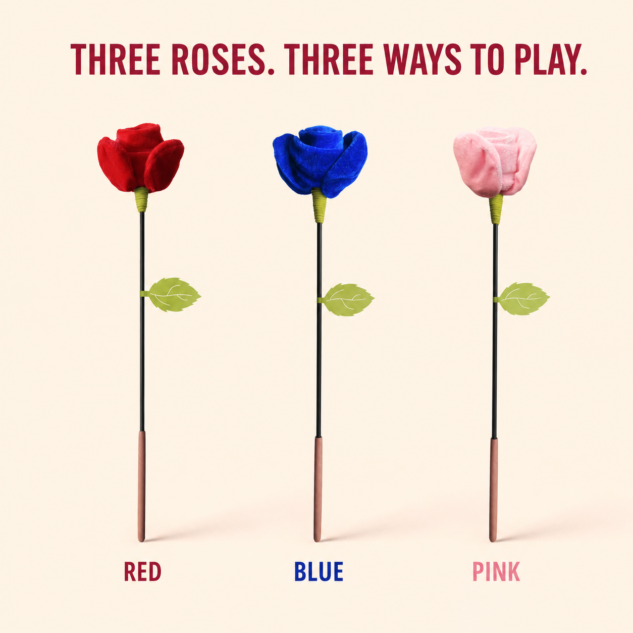 Rose Bouquet Cat Teaser Wand | Plush Crinkle Cat Toy with Flexible Stem & Built-In Sound — Red, Blue, Pink or 3-Color Set