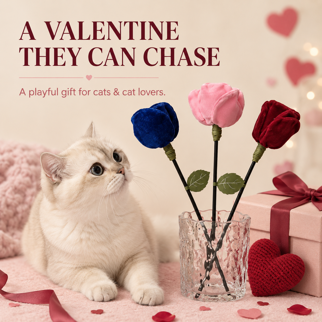 Rose Bouquet Cat Teaser Wand | Plush Crinkle Cat Toy with Flexible Stem & Built-In Sound — Red, Blue, Pink or 3-Color Set