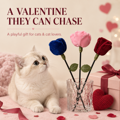 Rose Bouquet Cat Teaser Wand | Plush Crinkle Cat Toy with Flexible Stem & Built-In Sound — Red, Blue, Pink or 3-Color Set