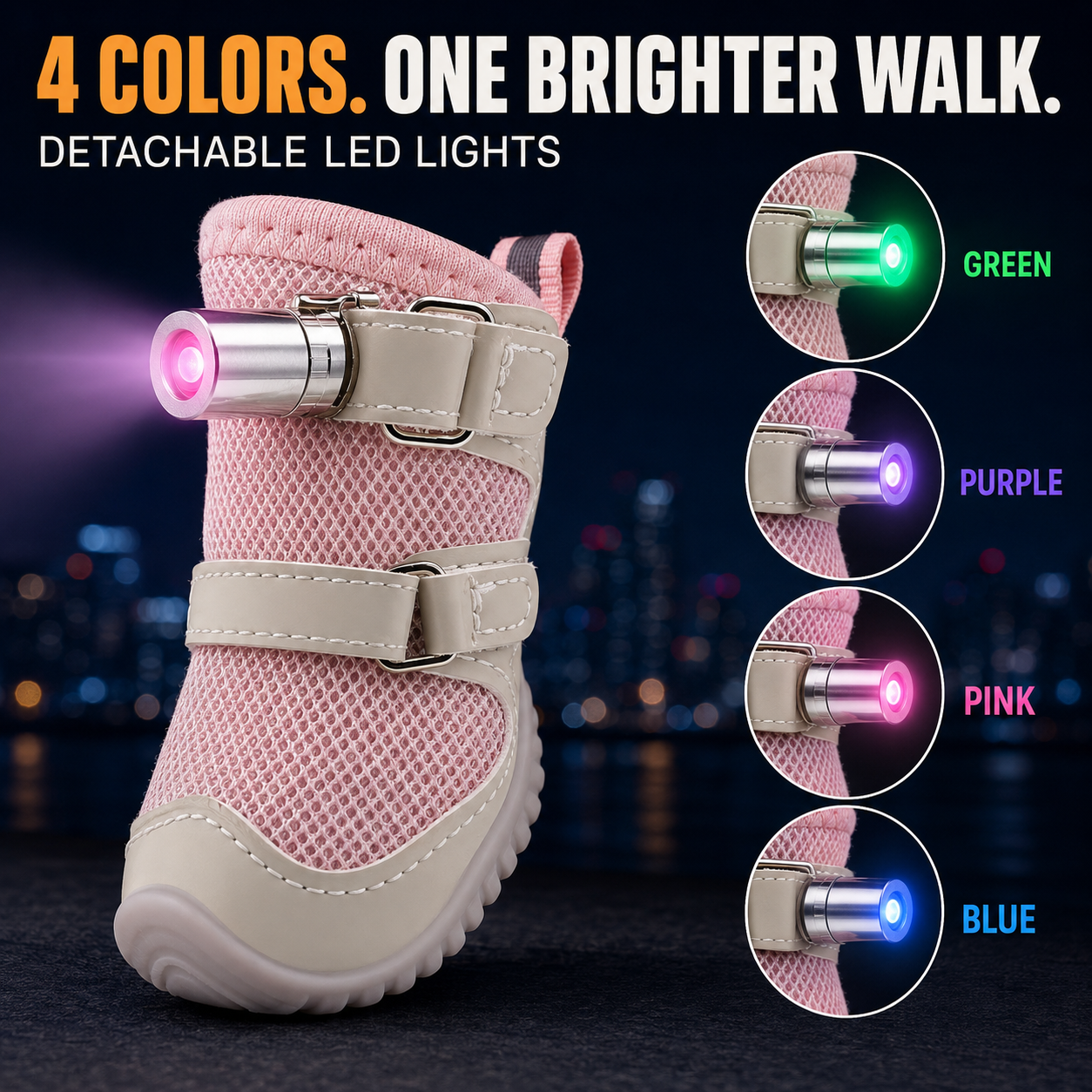 GlowPaw LED Night-Safety Dog Shoes | Breathable Light-Up Anti-Slip Boots (4-Pack)