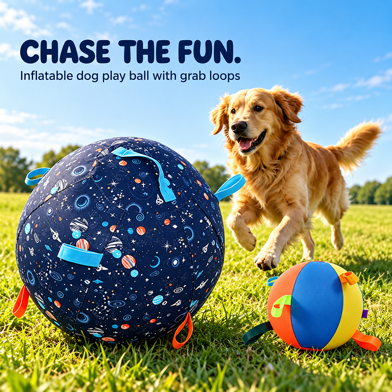 Interactive Inflatable Dog Play Ball with Grab Loops - Outdoor Push and Chase Toy