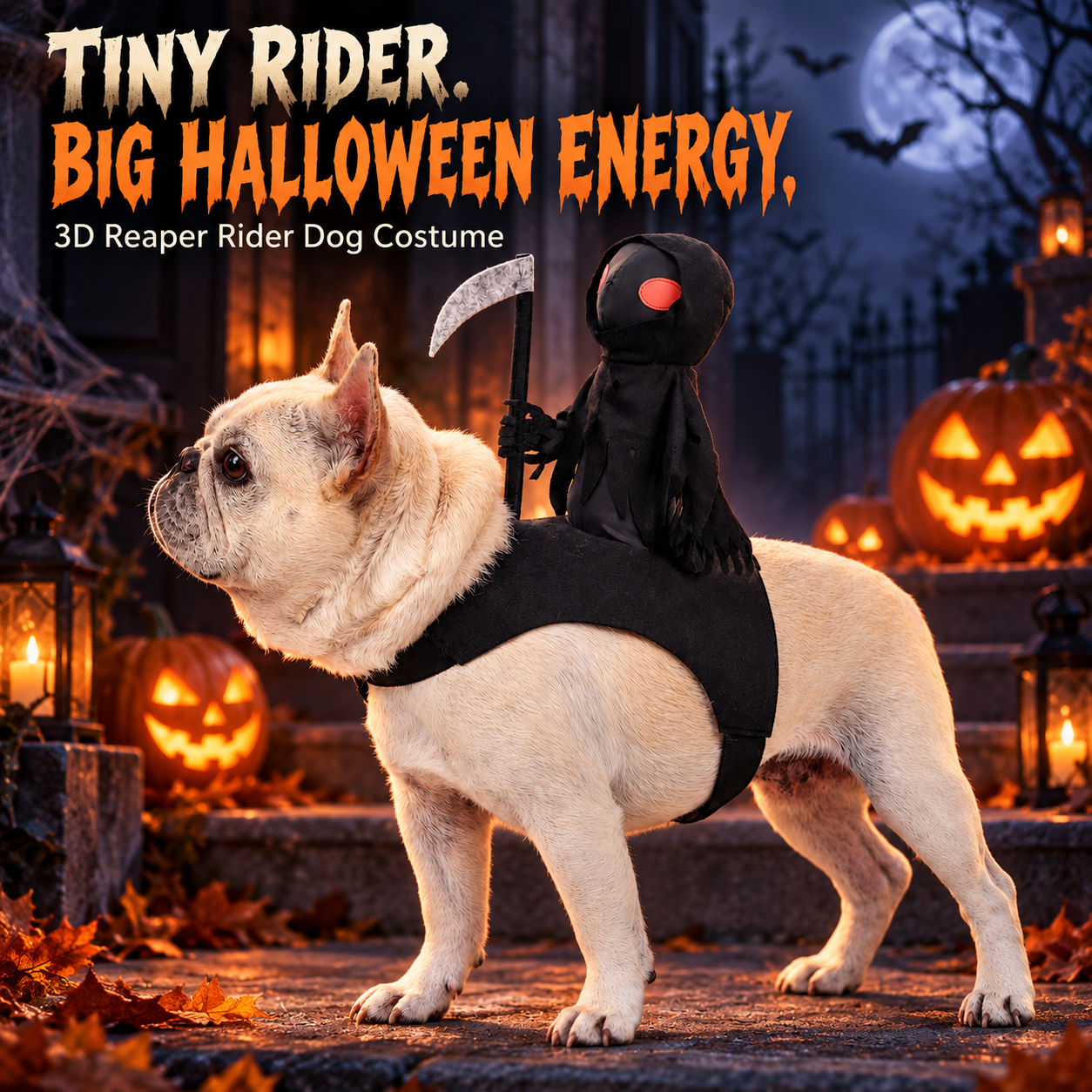Dark Harvest Reaper Rider Dog Costume | 3D Grim Reaper Halloween Outfit with Scythe
