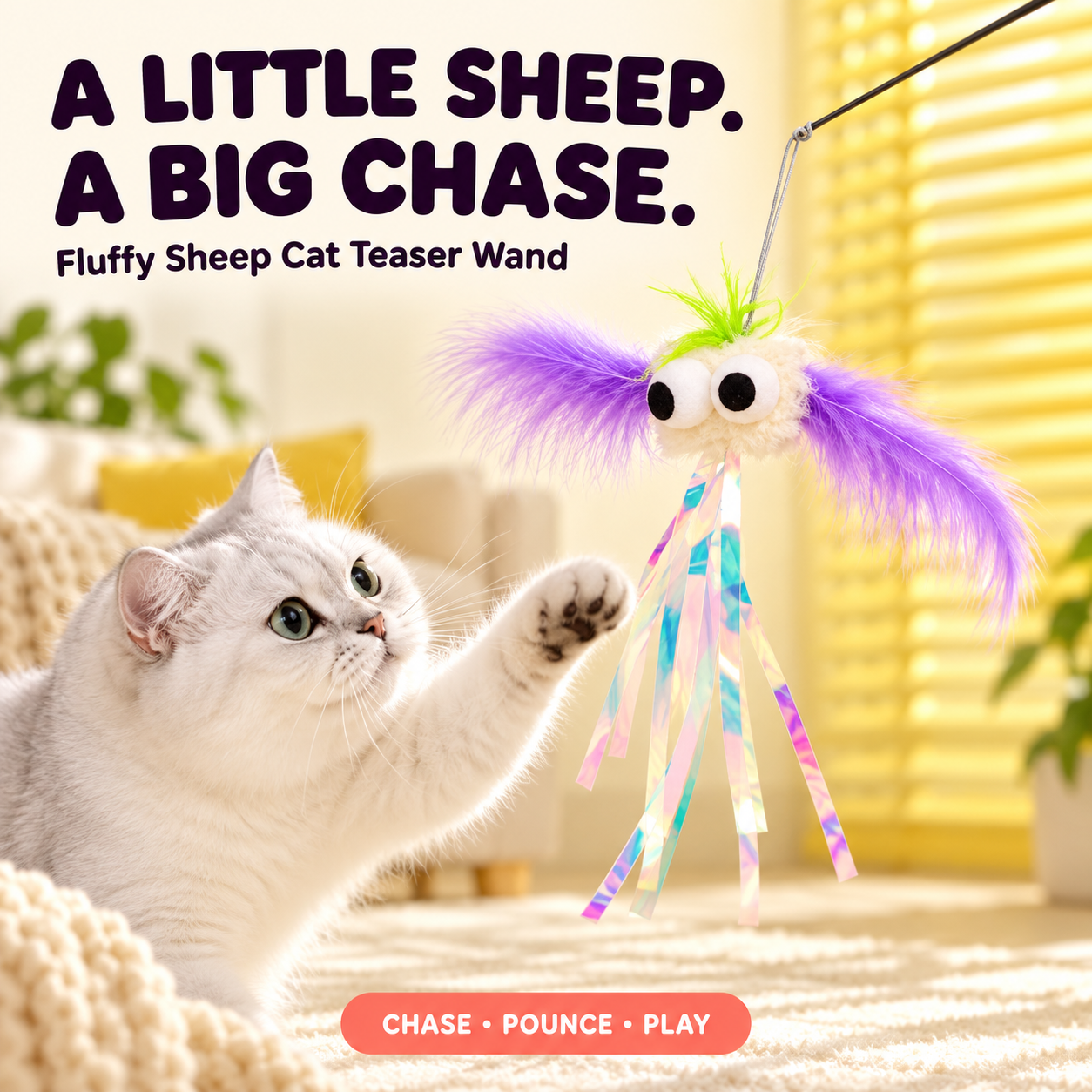PawsHolic Fluffy Sheep Cat Teaser Wand | Long-Handle Interactive Wand Toy with Bite-Resistant Fleece Sheep Head, Pom-Pom Arms & Dangling Ribbons - The Cutest Cure for Cat Boredom (Kittens to Seniors)