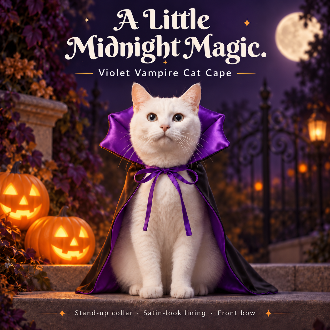 Violet Vampire Cat Cape | Purple Satin-Lined Halloween Cloak with Stand-Up Collar