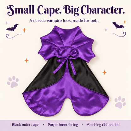 Violet Vampire Cat Cape | Purple Satin-Lined Halloween Cloak with Stand-Up Collar