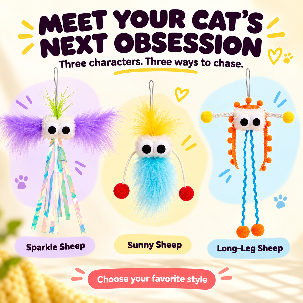 PawsHolic Fluffy Sheep Cat Teaser Wand | Long-Handle Interactive Wand Toy with Bite-Resistant Fleece Sheep Head, Pom-Pom Arms & Dangling Ribbons - The Cutest Cure for Cat Boredom (Kittens to Seniors)