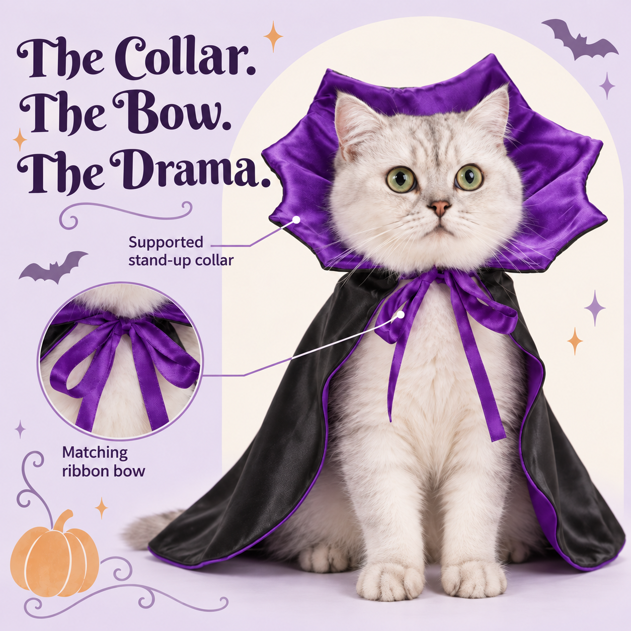 Violet Vampire Cat Cape | Purple Satin-Lined Halloween Cloak with Stand-Up Collar