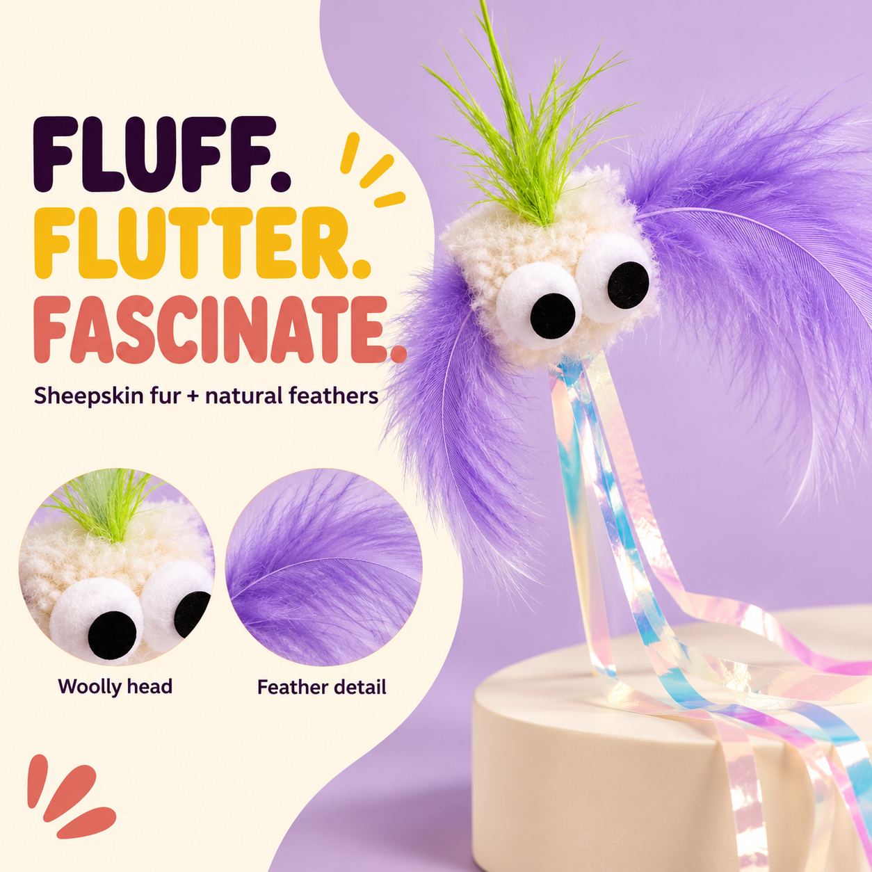 PawsHolic Fluffy Sheep Cat Teaser Wand | Long-Handle Interactive Wand Toy with Bite-Resistant Fleece Sheep Head, Pom-Pom Arms & Dangling Ribbons - The Cutest Cure for Cat Boredom (Kittens to Seniors)