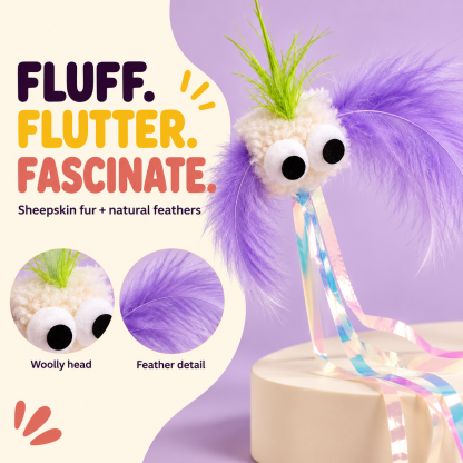 PawsHolic Fluffy Sheep Cat Teaser Wand | Long-Handle Interactive Wand Toy with Bite-Resistant Fleece Sheep Head, Pom-Pom Arms & Dangling Ribbons - The Cutest Cure for Cat Boredom (Kittens to Seniors)