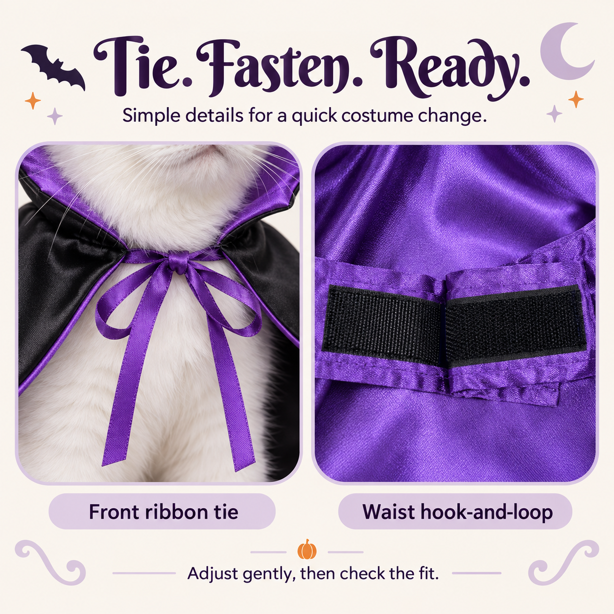 Violet Vampire Cat Cape | Purple Satin-Lined Halloween Cloak with Stand-Up Collar