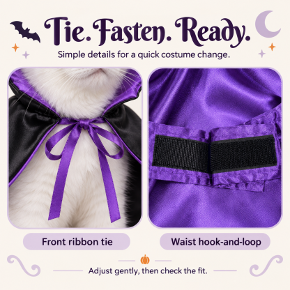 Violet Vampire Cat Cape | Purple Satin-Lined Halloween Cloak with Stand-Up Collar