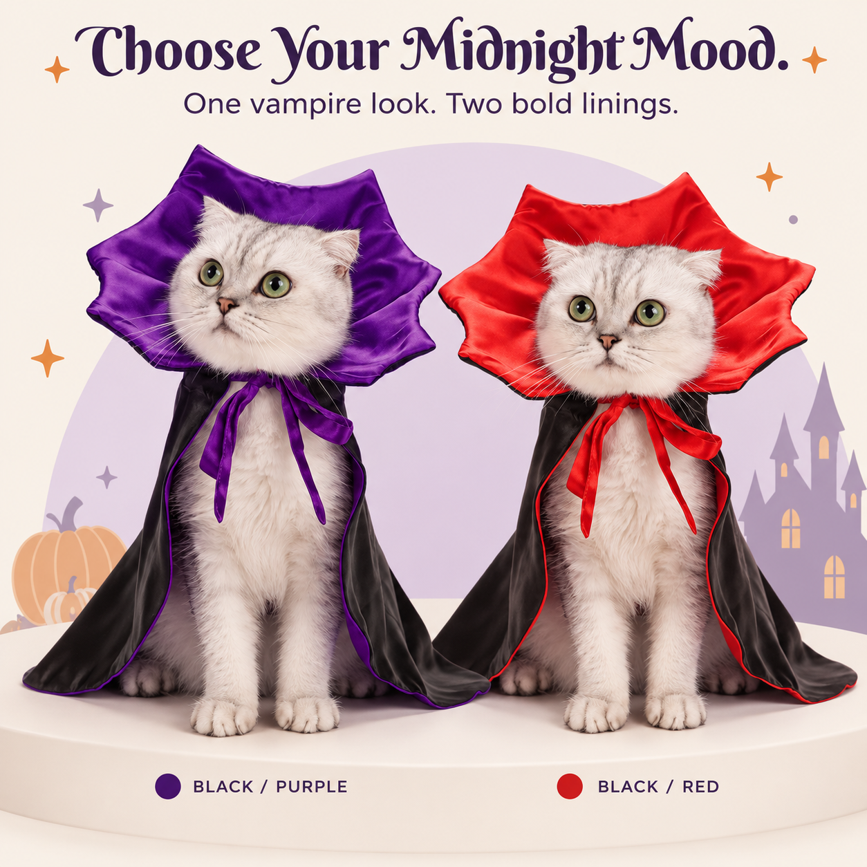 Violet Vampire Cat Cape | Purple Satin-Lined Halloween Cloak with Stand-Up Collar