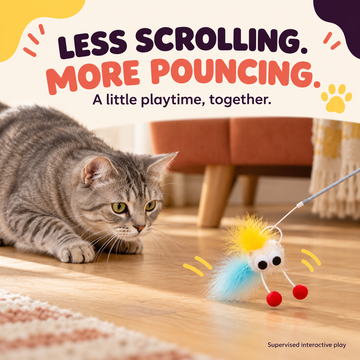PawsHolic Fluffy Sheep Cat Teaser Wand | Long-Handle Interactive Wand Toy with Bite-Resistant Fleece Sheep Head, Pom-Pom Arms & Dangling Ribbons - The Cutest Cure for Cat Boredom (Kittens to Seniors)