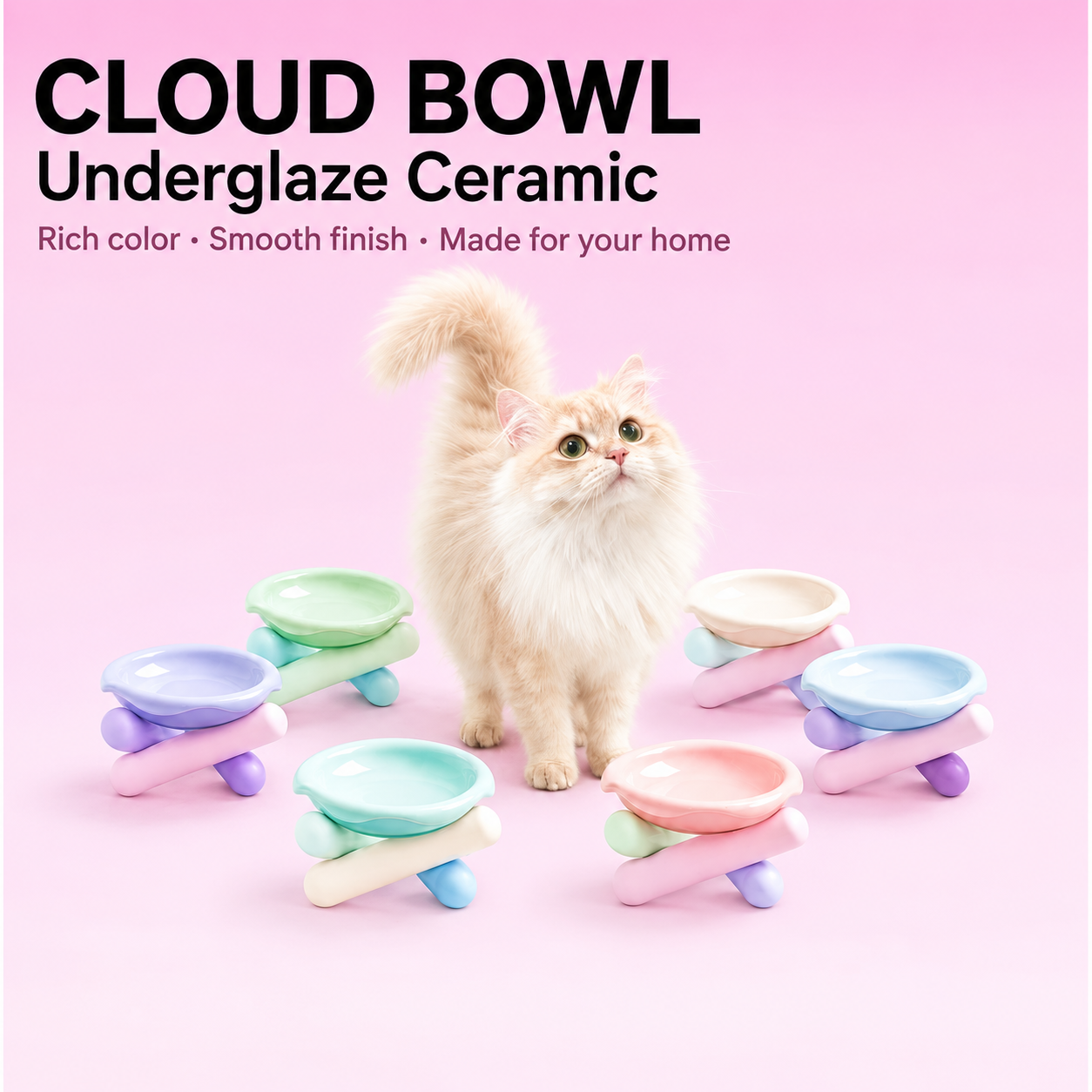 Kitten & Cat Cloud Elevated Ceramic Cat Bowl Set