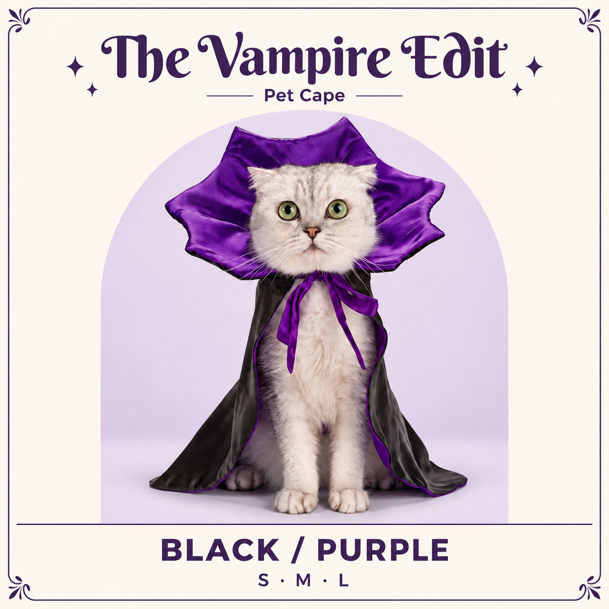 Violet Vampire Cat Cape | Purple Satin-Lined Halloween Cloak with Stand-Up Collar