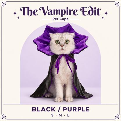 Violet Vampire Cat Cape | Purple Satin-Lined Halloween Cloak with Stand-Up Collar