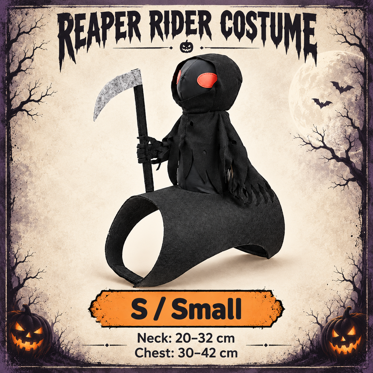 Dark Harvest Reaper Rider Dog Costume | 3D Grim Reaper Halloween Outfit with Scythe