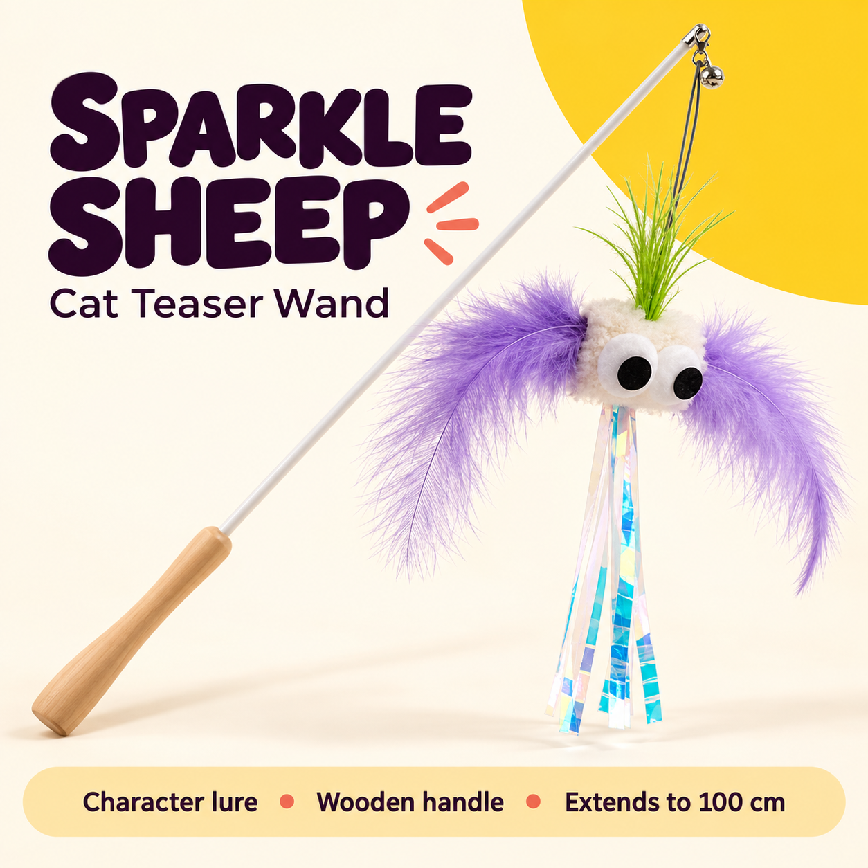 PawsHolic Fluffy Sheep Cat Teaser Wand | Long-Handle Interactive Wand Toy with Bite-Resistant Fleece Sheep Head, Pom-Pom Arms & Dangling Ribbons - The Cutest Cure for Cat Boredom (Kittens to Seniors)