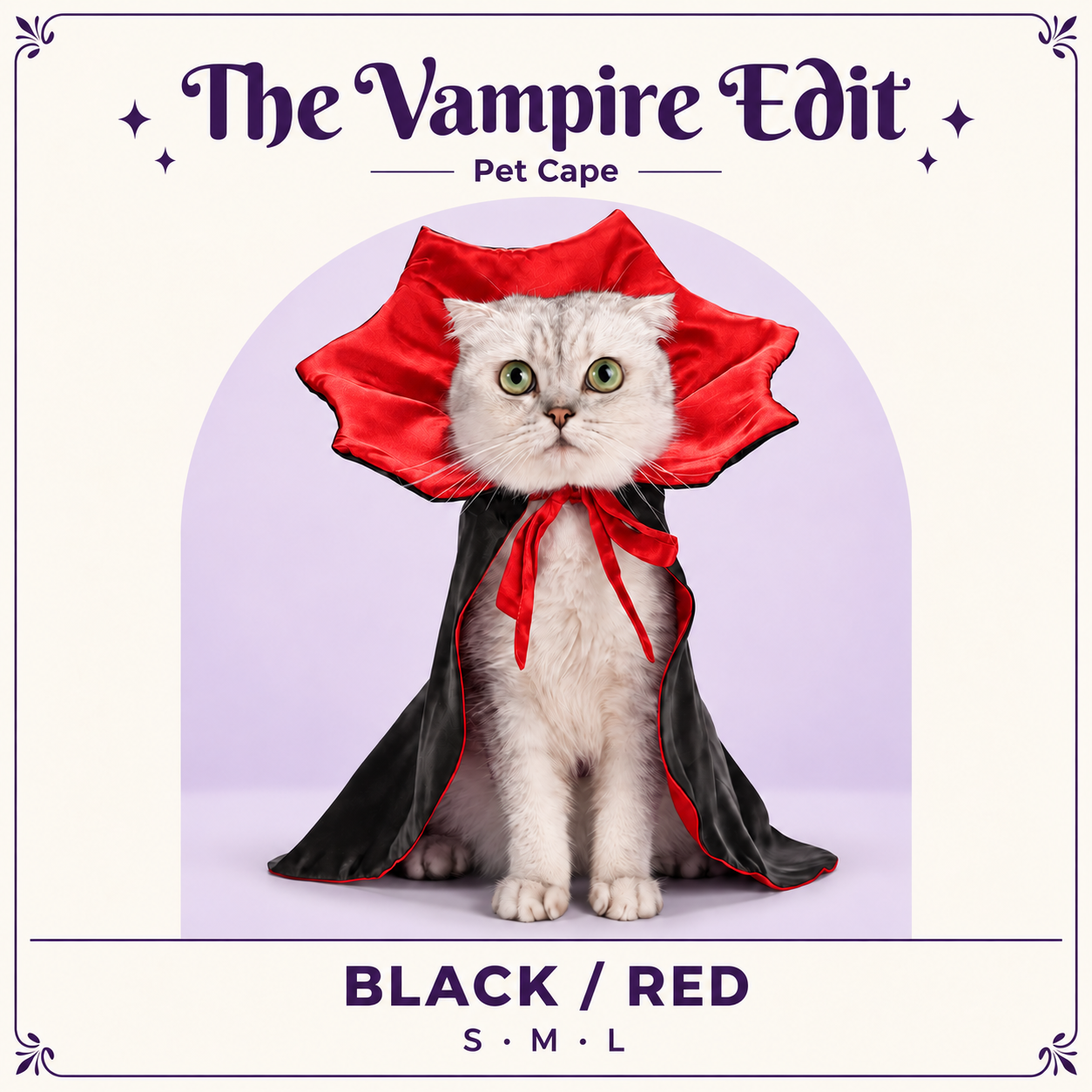 Violet Vampire Cat Cape | Purple Satin-Lined Halloween Cloak with Stand-Up Collar