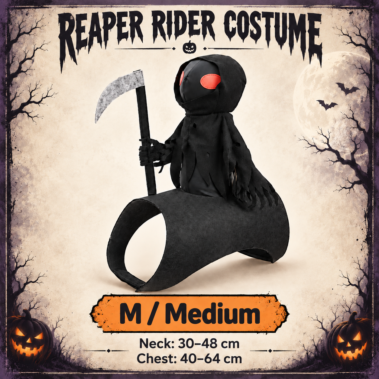 Dark Harvest Reaper Rider Dog Costume | 3D Grim Reaper Halloween Outfit with Scythe