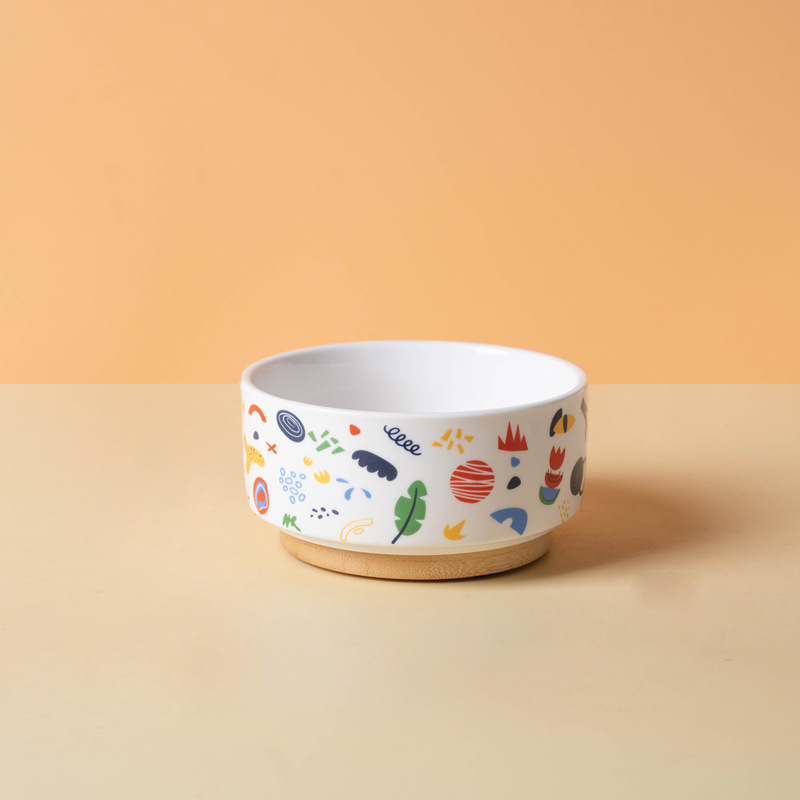 Ceramic Pet Bowl with Bamboo Base