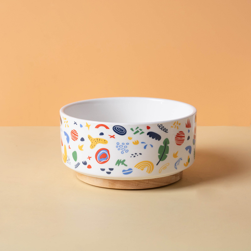 Ceramic Pet Bowl with Bamboo Base