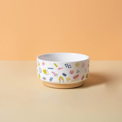 Ceramic Pet Bowl with Bamboo Base-Petboxok