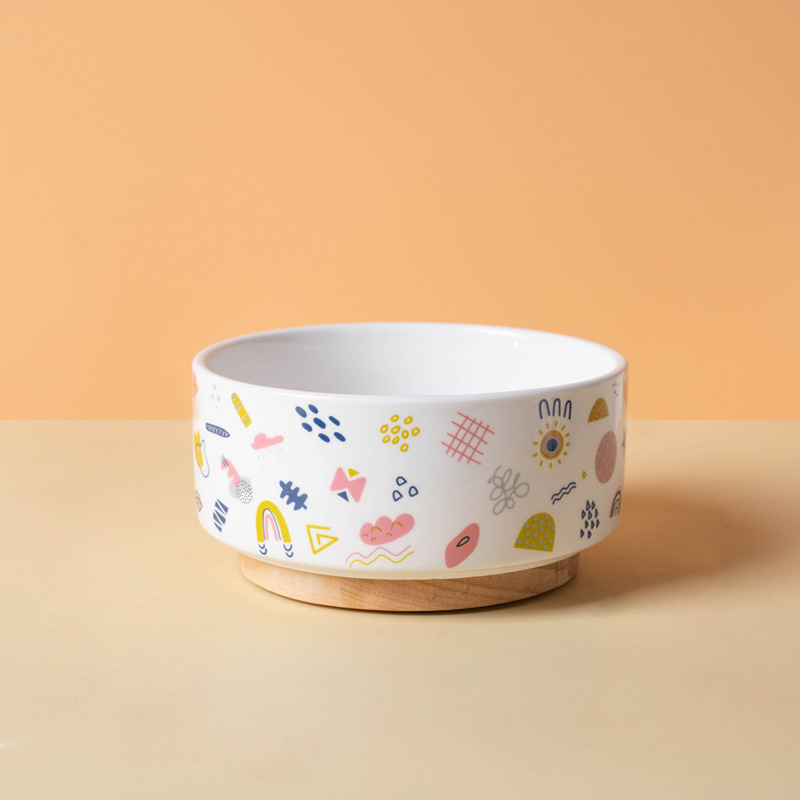 Ceramic Pet Bowl with Bamboo Base-Petboxok