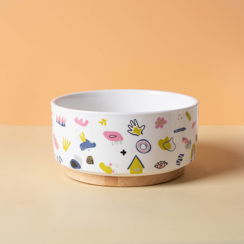 Ceramic Pet Bowl with Bamboo Base-Petboxok