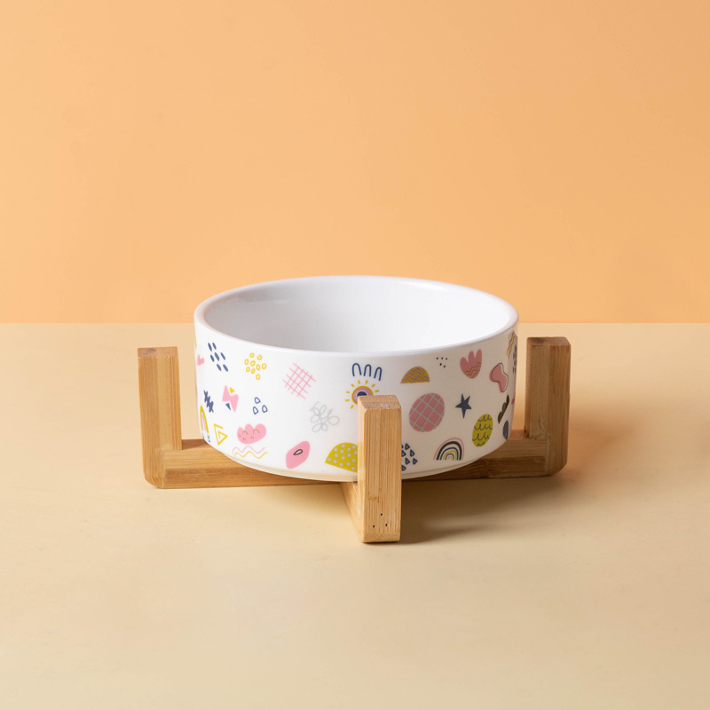 Ceramic Pet Bowl with Bamboo Base