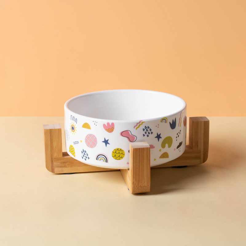 Ceramic Pet Bowl with Bamboo Base