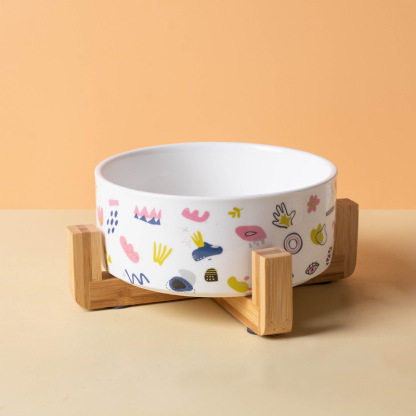 Ceramic Pet Bowl with Bamboo Base-Petboxok