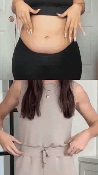 Ein GIF, das einen Overall zeigt, der den Bauch glättet und kaschiert, sodass eine schmeichelhafte Passform entsteht.