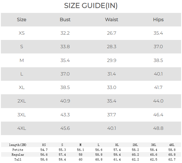 Größentabelle für Kleidung mit Maßen in Zoll für Brust, Taille und Hüfte, von XS bis 4XL.