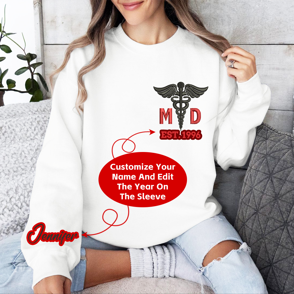 Personalized Doctor of Medicine Medical Symbol Embroidered Crew Neck Sweatshirt