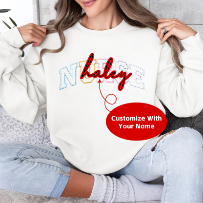 Personalized Embroidered Nurse Text Print Embroidered Crew Neck Sweatshirt