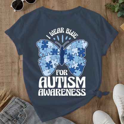 I Wear Blue For Autism Awareness Double-Sided Cotton Printed T-Shirt