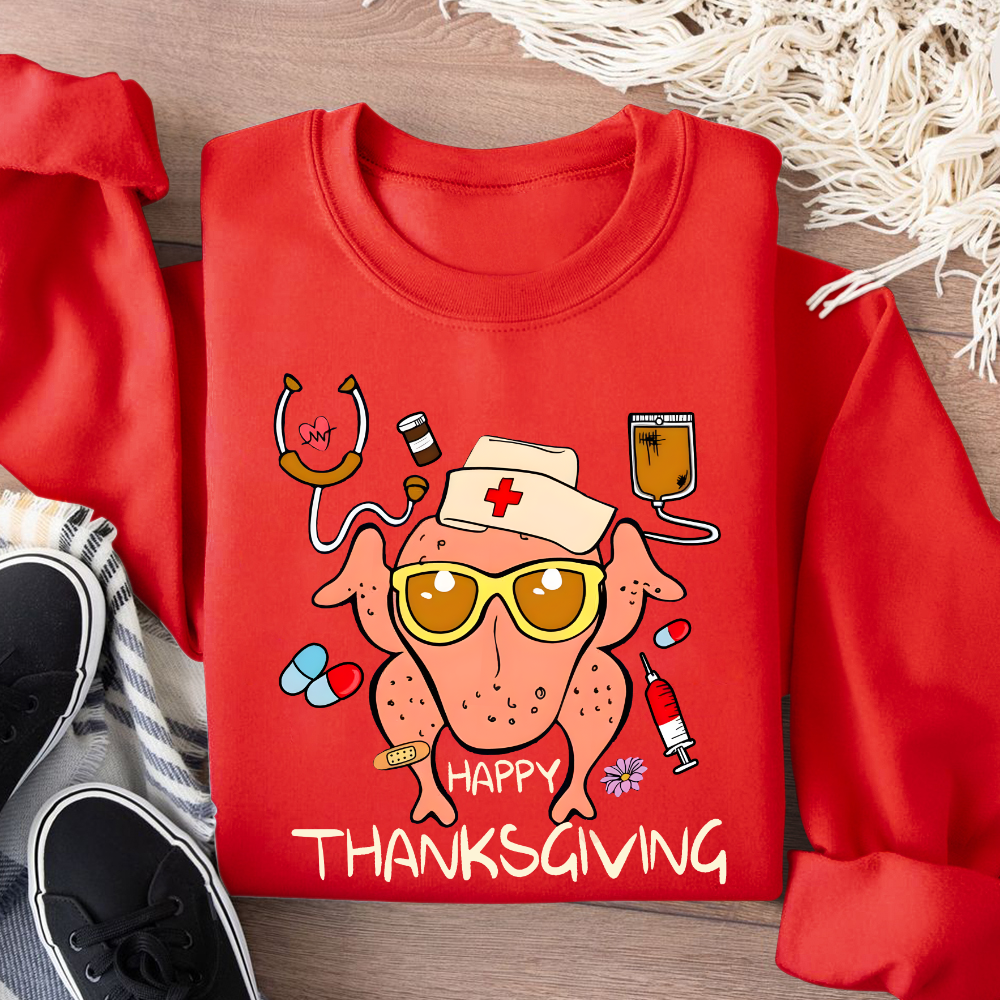 Happy Thanksgiving Turkey Nurse Cotton Pullover Sweatshirt