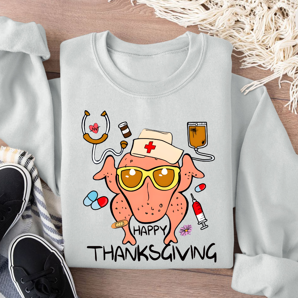 Happy Thanksgiving Turkey Nurse Cotton Pullover Sweatshirt