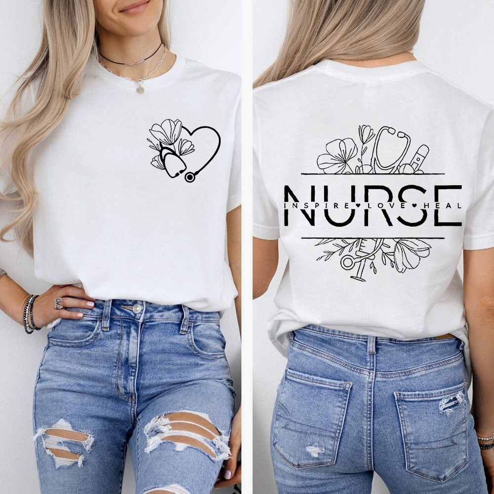Heart Stethoscope Inspire Love Heal Double-Sided Cotton Printed T-Shirt
