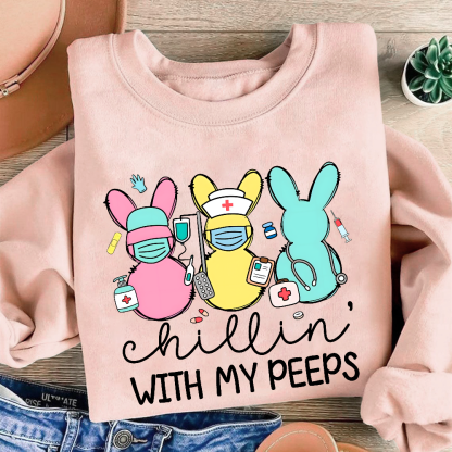 Chillin with My Peeps Easter Bunny Cotton Pullover Sweatshirt