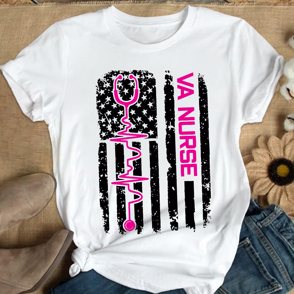 Vintage USA American Flag VA Nurse Patriotic Nursing Gifts Cotton Nurse T-shirt