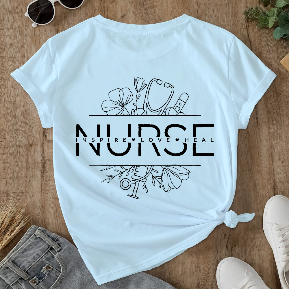 Heart Stethoscope Inspire Love Heal Double-Sided Cotton Printed T-Shirt